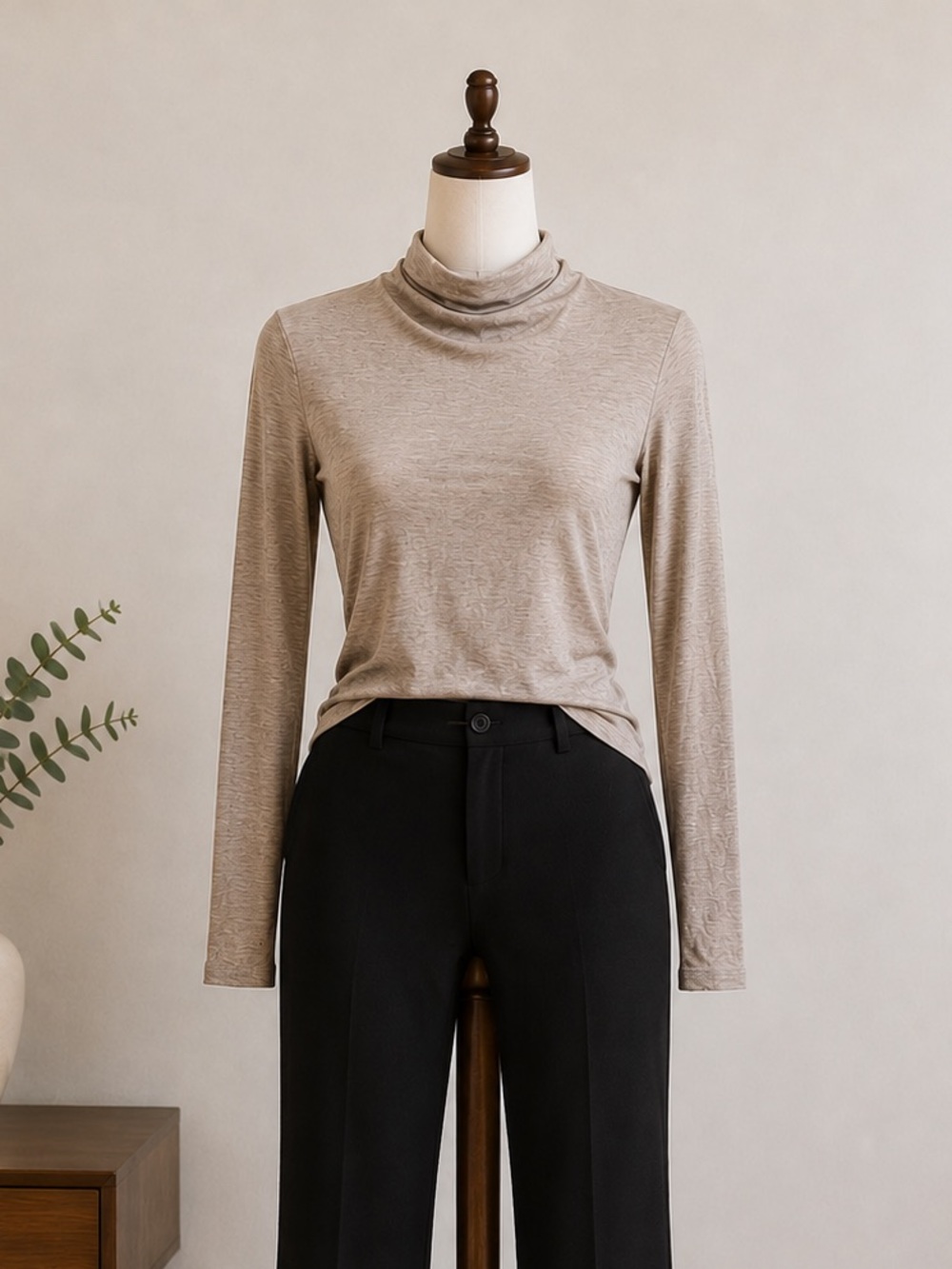 Dynamite Taupe Draped Mock Neck Long Sleeve Top Quiet Luxury Minimalist M